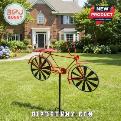 Red Vintage Bicycle Wind Spinner, Kinetic Metal Garden Lawn Ornament Stake