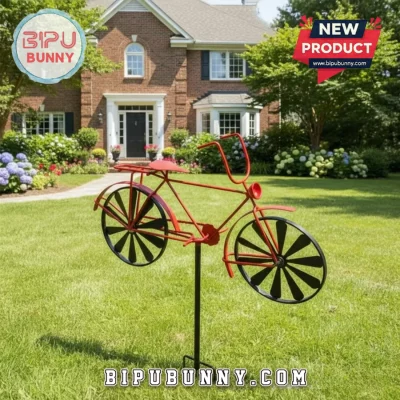 Red Vintage Bicycle Wind Spinner, Kinetic Metal Garden Lawn Ornament Stake