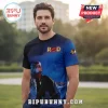 Blue and black Rod Stewart graphic t-shirt with leopard print details and red kiss logo on a male model!