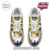 Custom sneakers with blue and yellow leopard print, face graphics, and white laces on a white background!