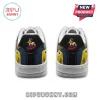 Custom sneakers featuring Rod Stewart graphic in yellow jacket with pink text on a blue and black heel background!