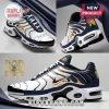 White navy gold athletic shoes, Rod Stewart signature and graphic, Air Max style! Retro celebrity fan footwear!