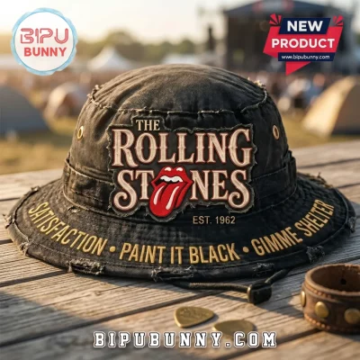 Rolling Stones Distressed Black Embroidered Bucket Hat