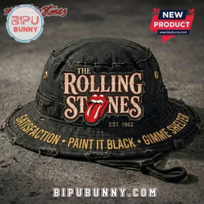 Rolling Stones Distressed Black Embroidered Bucket Hat