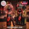 Black bottle shaped portable fan with red Rolling Stones tongue logo, clear fan blades showing 