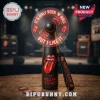 Black portable fan, red Rolling Stones tongue logo, glowing red text 