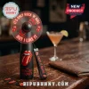 Black handheld fan with red Rolling Stones lips logo, text 