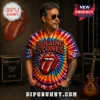 Vibrant tie-dye t-shirt with red, orange, yellow, blue, purple swirls! Features bold 'ROLLING STONES' text and classic red lips tongue logo!