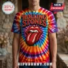 Rainbow tie-dye retro t-shirt with bold red Rolling Stones text and iconic red lips tongue graphic!