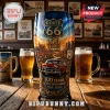 Beer glass featuring Route 66 100 years anniversary graphic with classic red car and diner on desert sunset background!