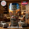 Route 66 100th anniversary tumbler featuring classic car, desert landscape, and blue and orange sunset colors!