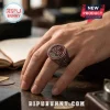 Silver and red RUSH rock band ring with intricate gear design and jewel accents!