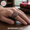 Silver RUSH band ring with dark red enamel and small red gemstones, featuring ornate compass rose side details!