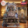 Large rock-themed Rush band diorama featuring metallic text RUSH and 2112 flags! Three miniature band members play instruments with cityscape and cosmic elements!