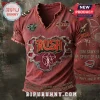 Distressed maroon Rush band t-shirt with red gold logo, white star-man, owl, 2112, Tom Sawyer, Spirit of Radio, album titles!