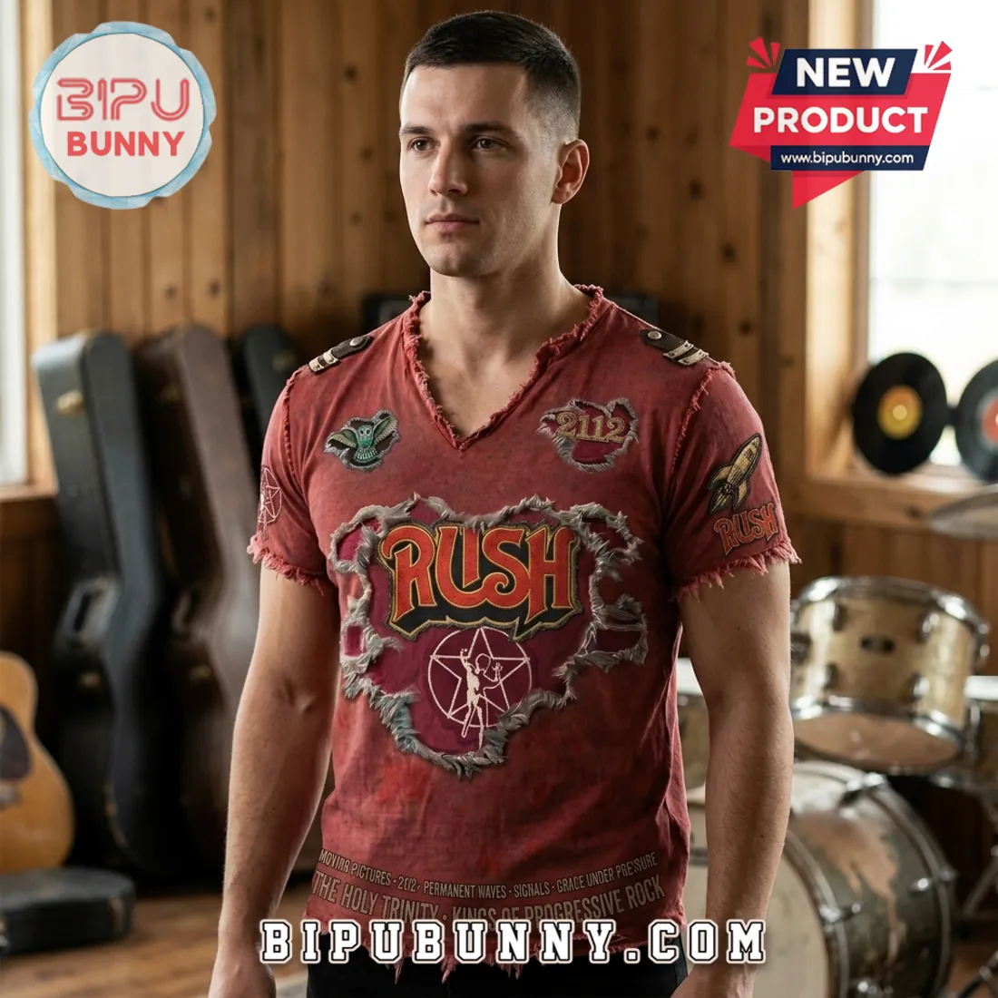 Rush 2112 Moving Pictures Distressed V-Neck Shirt Rush 2112 Moving Pictures Distressed V-Neck Shirt