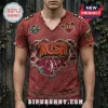 Distressed red RUSH band tee with gold logo, 2112, Starman, owl, rocket, and album titles on a vintage heavy metal style shirt!