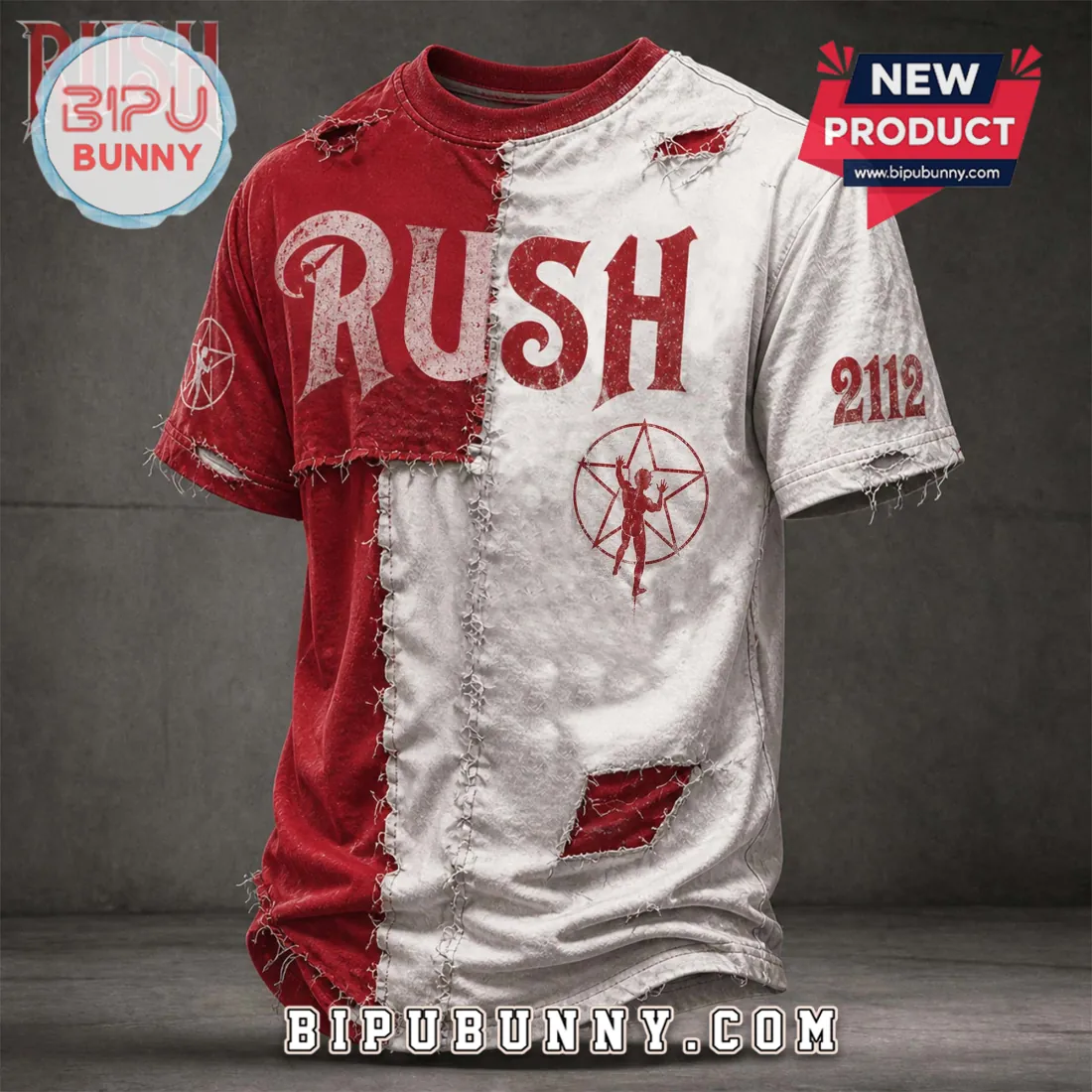 Rush 2112 Starman Split Color Distressed Patchwork Rock T-Shirt Rush 2112 Starman Split Color Distressed Patchwork Rock T-Shirt