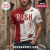 Distressed red and white split design Rush 2112 rock band t-shirt with Starman logo graphic!