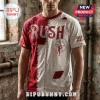 Distressed red and white split design Rush 2112 rock band t-shirt with Starman logo graphics!