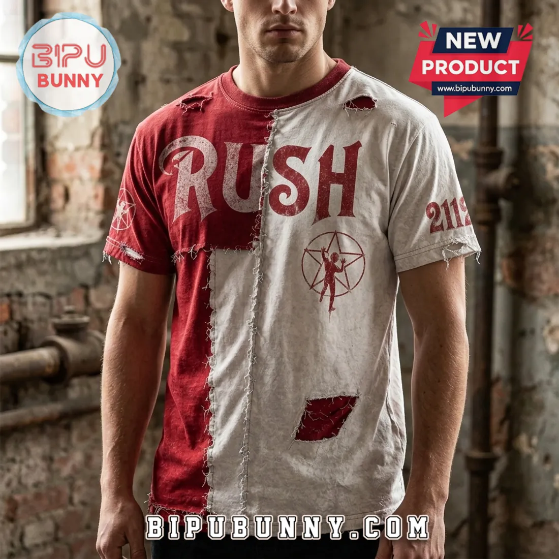 Rush 2112 Starman Split Color Distressed Patchwork Rock T-Shirt Rush 2112 Starman Split Color Distressed Patchwork Rock T-Shirt