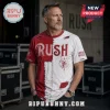 Red and white distressed Rush 2112 band t-shirt with Starman logo on a man!