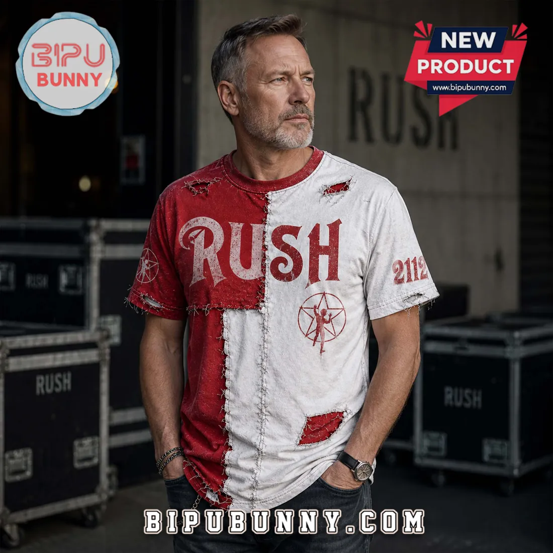 Rush 2112 Starman Split Color Distressed Patchwork Rock T-Shirt Rush 2112 Starman Split Color Distressed Patchwork Rock T-Shirt