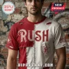 Distressed red and white split style Rush 2112 band t-shirt with Starman logo graphics!