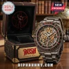 Gunmetal Rush Clockwork Angels wristwatch with red lettering and star-man logo in a matching leather presentation box!
