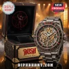 Rush Clockwork Angels luxury metal wristwatch and display case with starman logo and gold gear details!