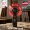 LED hand fan displaying red Rush band logo and text with starman emblem on black handle base on wooden desk!