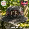 Distressed black bucket hat with red Rush 1968 star logo patches and embroidered band text!