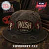 Distressed black denim bucket hat with embroidered Rush logo, 1968 text, and red starman patches.!