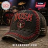 Distressed black denim baseball cap with red embroidered Rush band logo and Starman graphic!