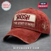 Distressed red baseball cap featuring a Rush The Spirit of Radio patch and a starman side logo graphic!