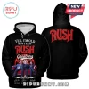 Black hoodie with front print of Rush band members on couch, red text saying Yes I Am Old But I Saw Rush Greatness!