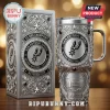 Silver engraved San Antonio Spurs 5X NBA Champions tumbler with black inlay and crystal accents on a blurred background!