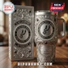 Silver engraved San Antonio Spurs tumbler with team logo 5X NBA Champions text and ornate filigree detail on wood table!