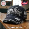 Distressed black dad cap, retro embroidered SPURS text, EST. 1967, Tim Duncan, Tony Parker, Manu Ginobili names, San Antonio Spurs logo, Alamo City!
