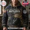 Distressed denim San Antonio Spurs hoodie with American flag patch and team logo on a man!