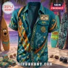Teal Scooby Doo button down shirt with stars, ghosts, Mystery Inc patches, and beach print on surfboards background!