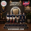 Navy Scottish football legends display with retro and modern figures, gold lion crest, text FOOTBALL IMMORTALS SCOTLAND!
