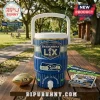 Full view of a blue Seattle Seahawks cooler cup on a picnic table!