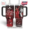 Stanley style tumbler, maroon red, white speckles, red roses, Selena Quintanilla photos, white script 'Selena 30th Anniversary', 'In Memory Of', '1971-1995', 'Thank You For The Memories'!