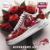 Custom red rose floral sneaker featuring a Selena graphic, white sole, red laces, and AIR text!