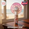 White portable fan with pink neon glow text 