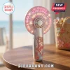 Iridescent portable fan with glowing pink text 