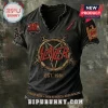 Black distressed Slayer band t-shirt with pentagram logo, sword graphic, and metal band text elements on v-neck style.!
