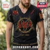 Black vintage Slayer band t-shirt with pentagram logo, sword graphic, and Est 1981 text!