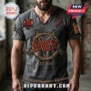 Grey distressed Slayer thrash metal band t-shirt with pentagram logo and graphic patches on a man!